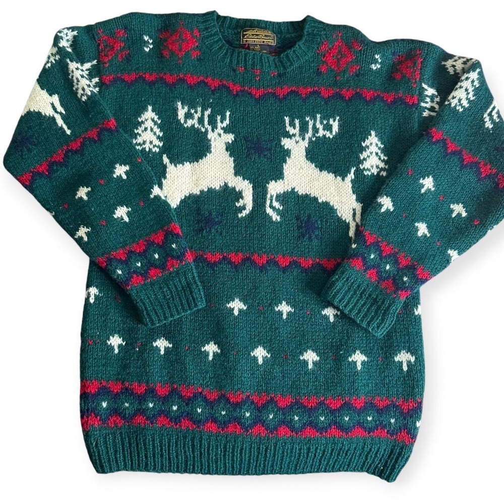 Vintage 1989 Eddie Bauer 100% Wool Reindeer Fair Isle Sweater Green Large
